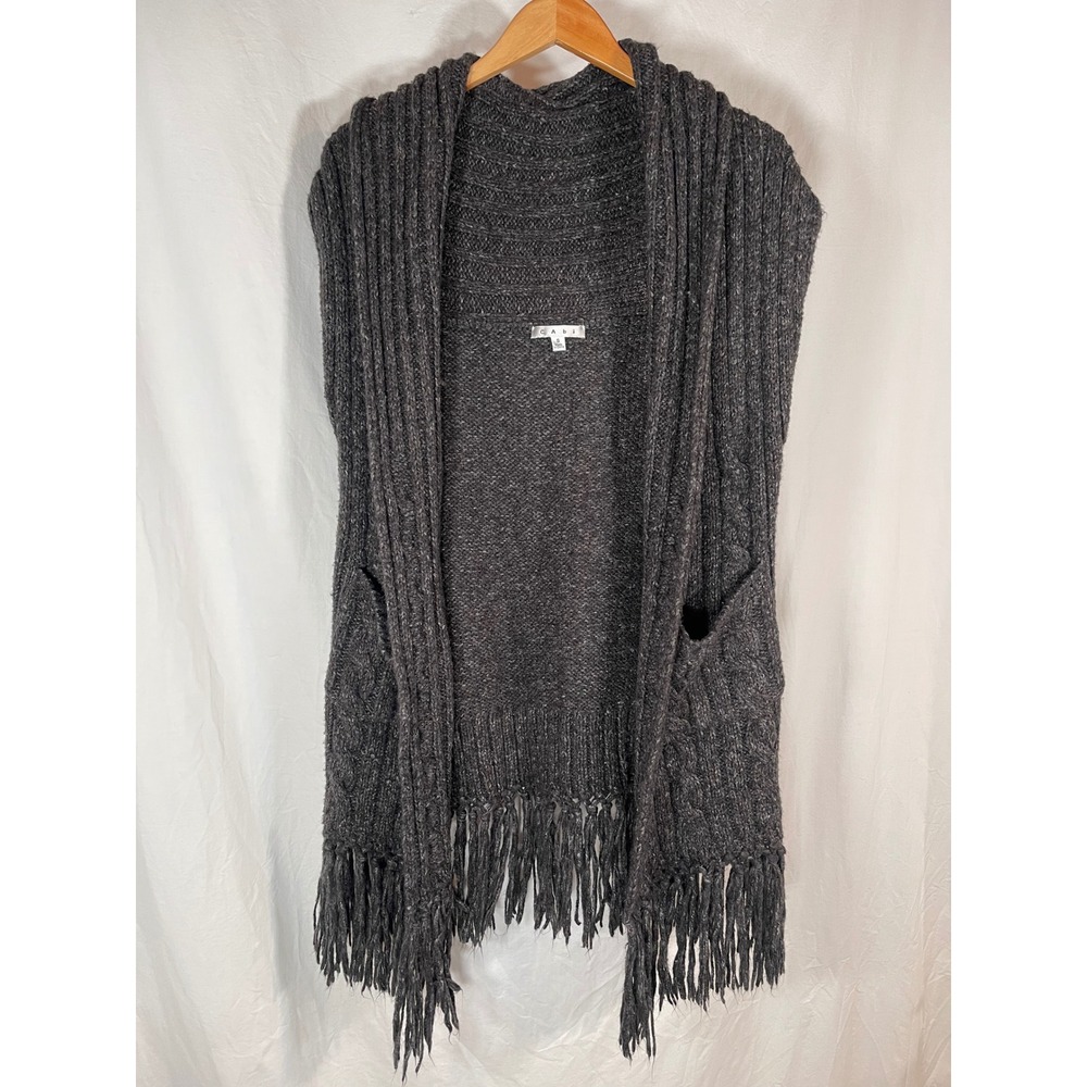 Cabi Gray Chunky Knit Fringe Vest Open Front Sleeveless Cardigan Women's Small